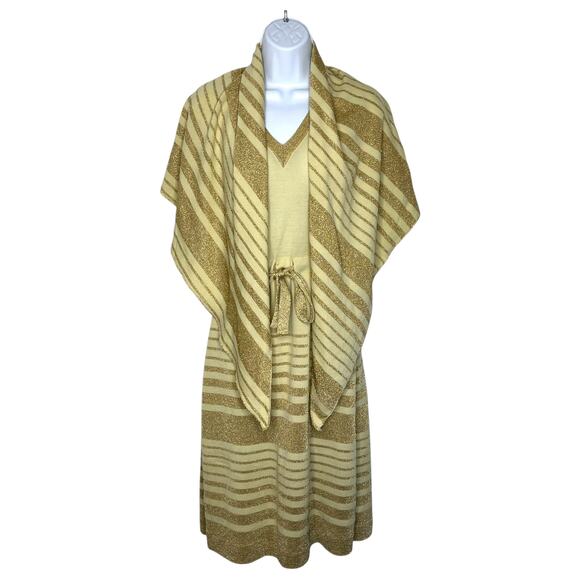 VTG Crissa Shawl V-Neck Midi Dress Set Wool Metallic Gold Italy XS/S Old Money - Picture 3 of 10